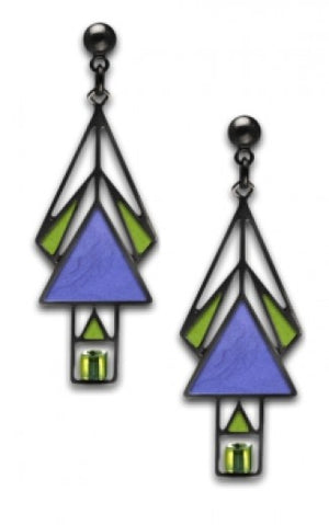 Earrings - Mahony Window - Pale Green Bead and Twilight Blue Enamel