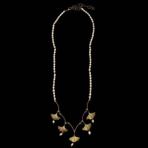 Ginkgo Leaves & Pearl Necklace - 16"